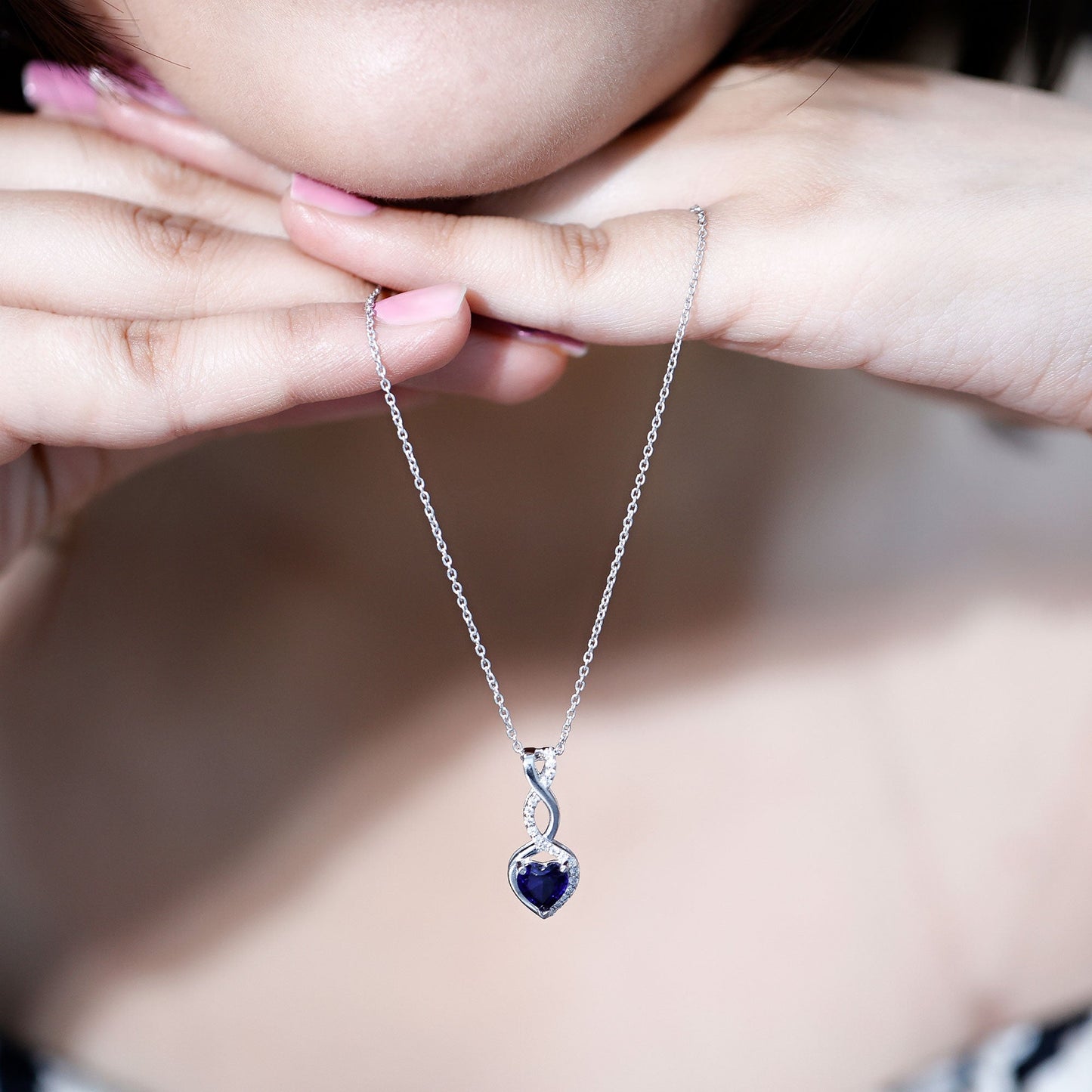 Lab Grown Blue Sapphire and Moissanite Infinity Heart Necklace with Chain