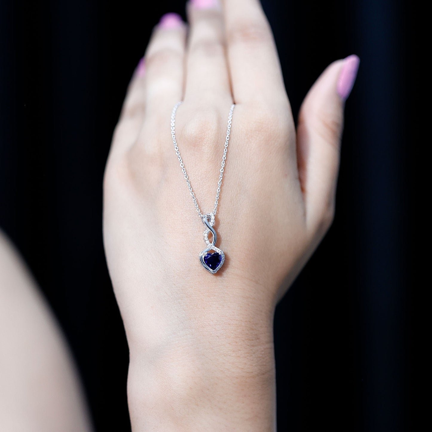 Lab Grown Blue Sapphire and Moissanite Infinity Heart Necklace with Chain