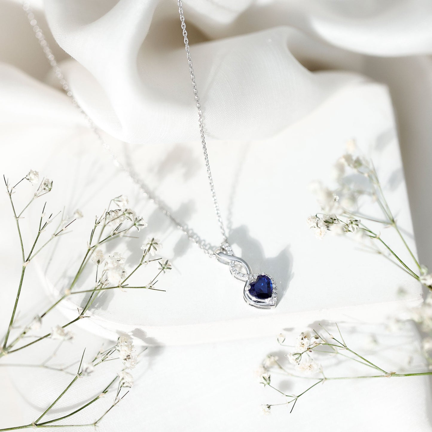 Lab Grown Blue Sapphire and Moissanite Infinity Heart Necklace with Chain