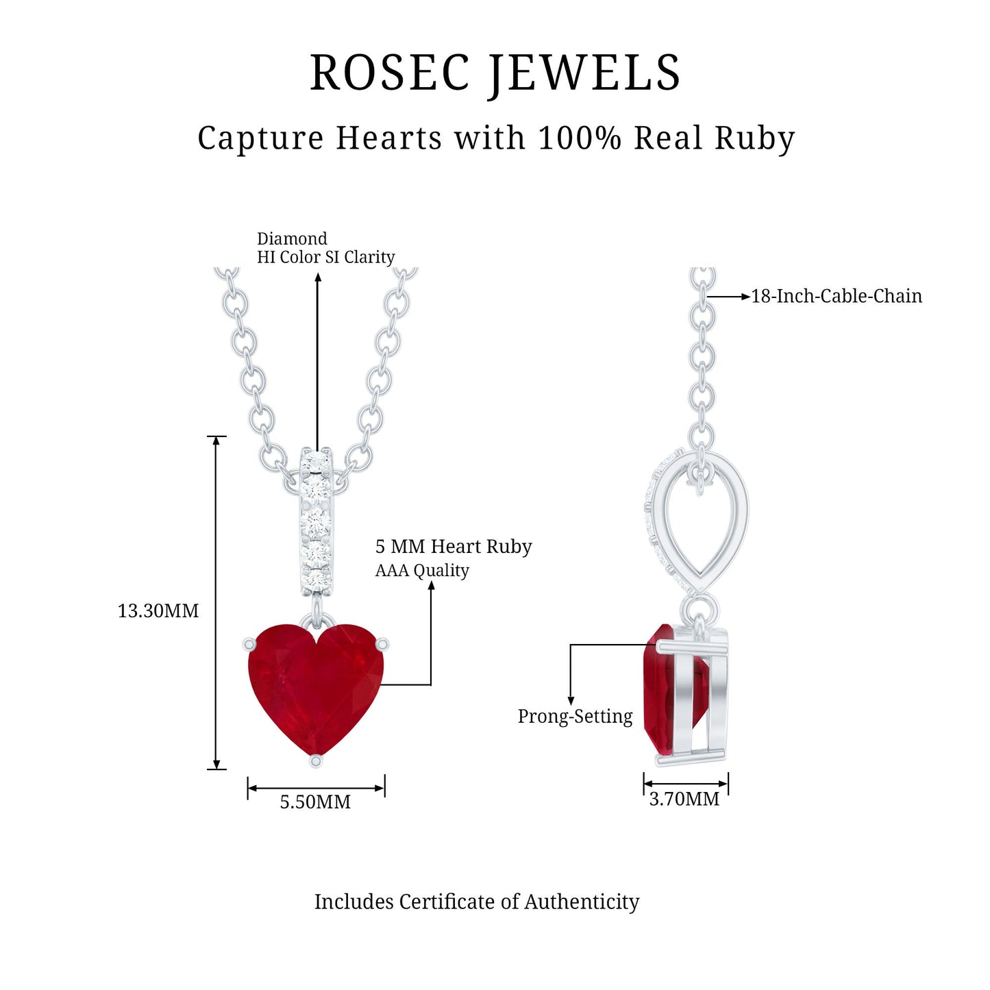 0.6 Carat Heart Shape Ruby Solitaire Necklace With Diamond