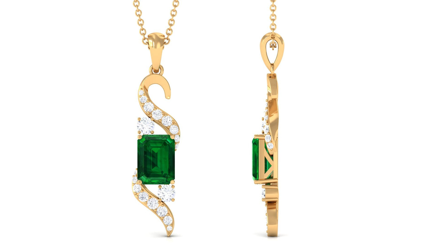 1.6 Carat Octagon Cut Created Emerald Designer Drop Pendant with Diamond