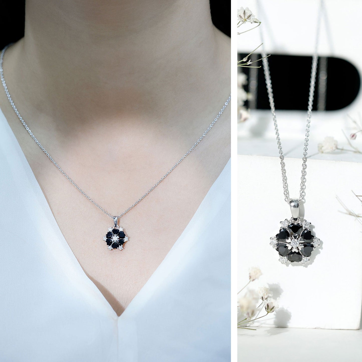 Natural Heart Shape Black Onyx Flower Pendant Necklace With Chain