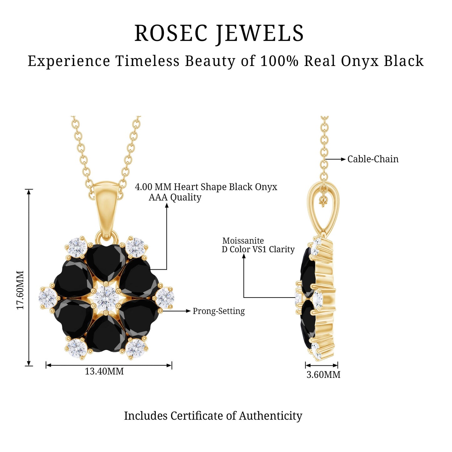 Natural Heart Shape Black Onyx Flower Pendant Necklace With Chain