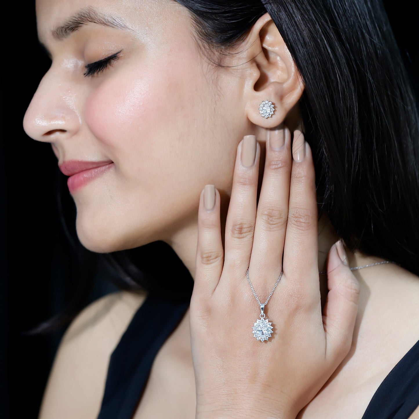 Oval Shaped Cubic Zirconia Halo Pendant and Earrings Set