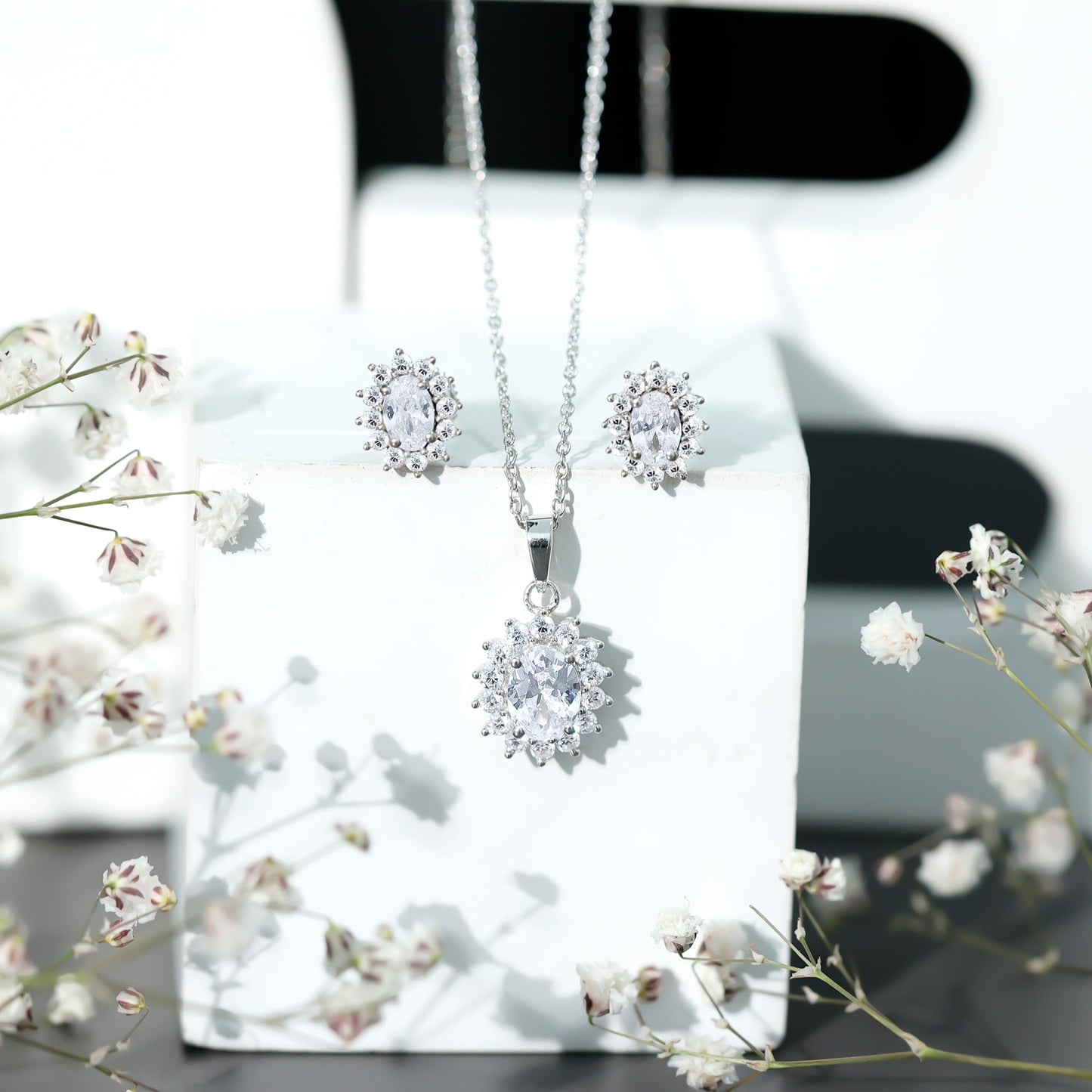 Oval Shaped Cubic Zirconia Halo Pendant and Earrings Set