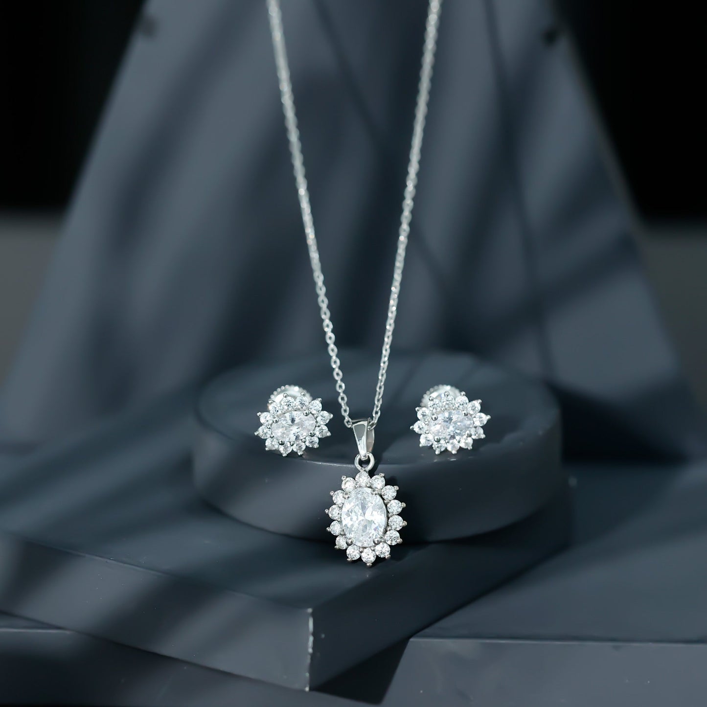 Oval Shaped Cubic Zirconia Halo Pendant and Earrings Set