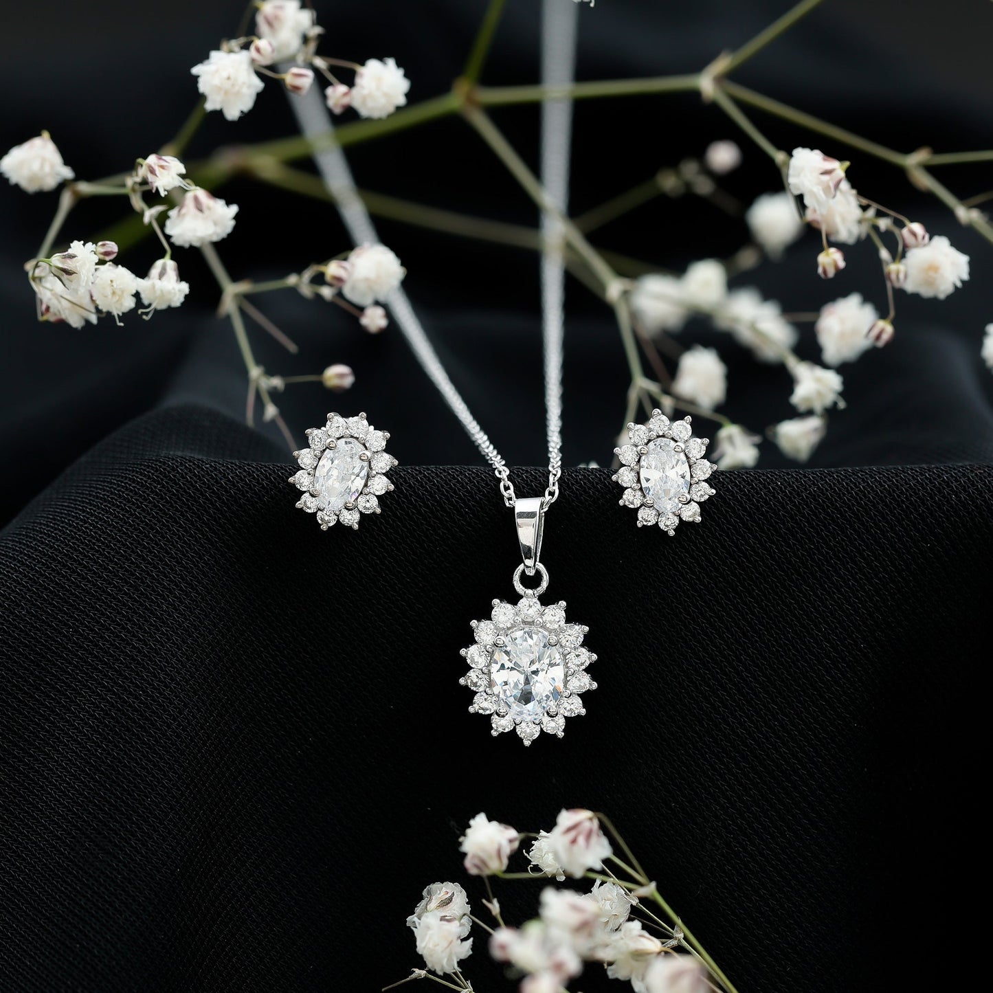 Oval Shaped Cubic Zirconia Halo Pendant and Earrings Set