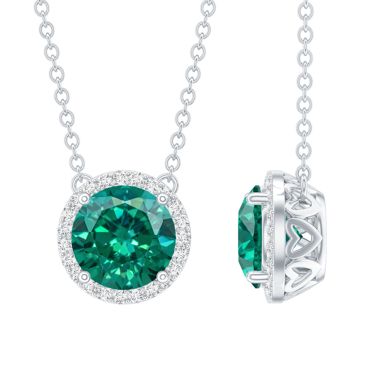 2 Carat Round Lab Created Emerald and Diamond Halo Necklace