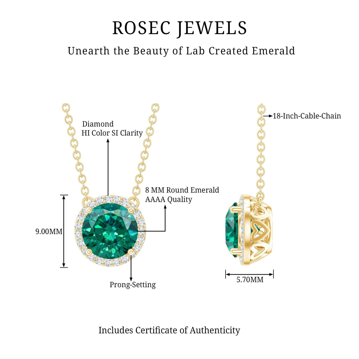 2 Carat Round Lab Created Emerald and Diamond Halo Necklace