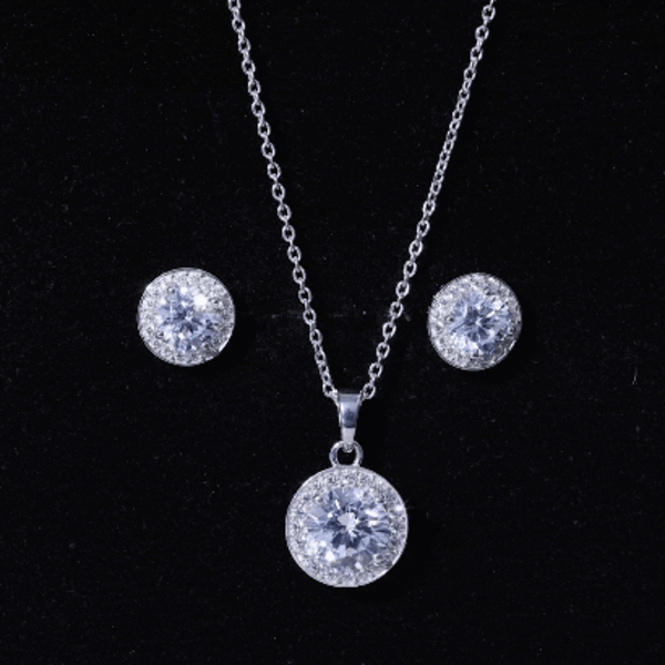 Certified 4 Carat Round Cubic Zirconia Halo Necklace and Earrings in Silver