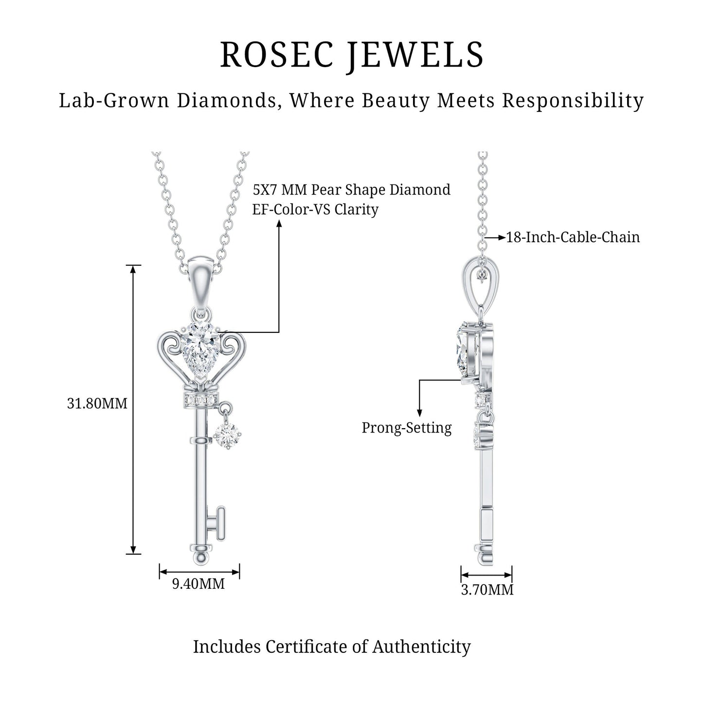 Certified Pear Shaped 0.6 Carat Lab Created Diamond Key Pendant