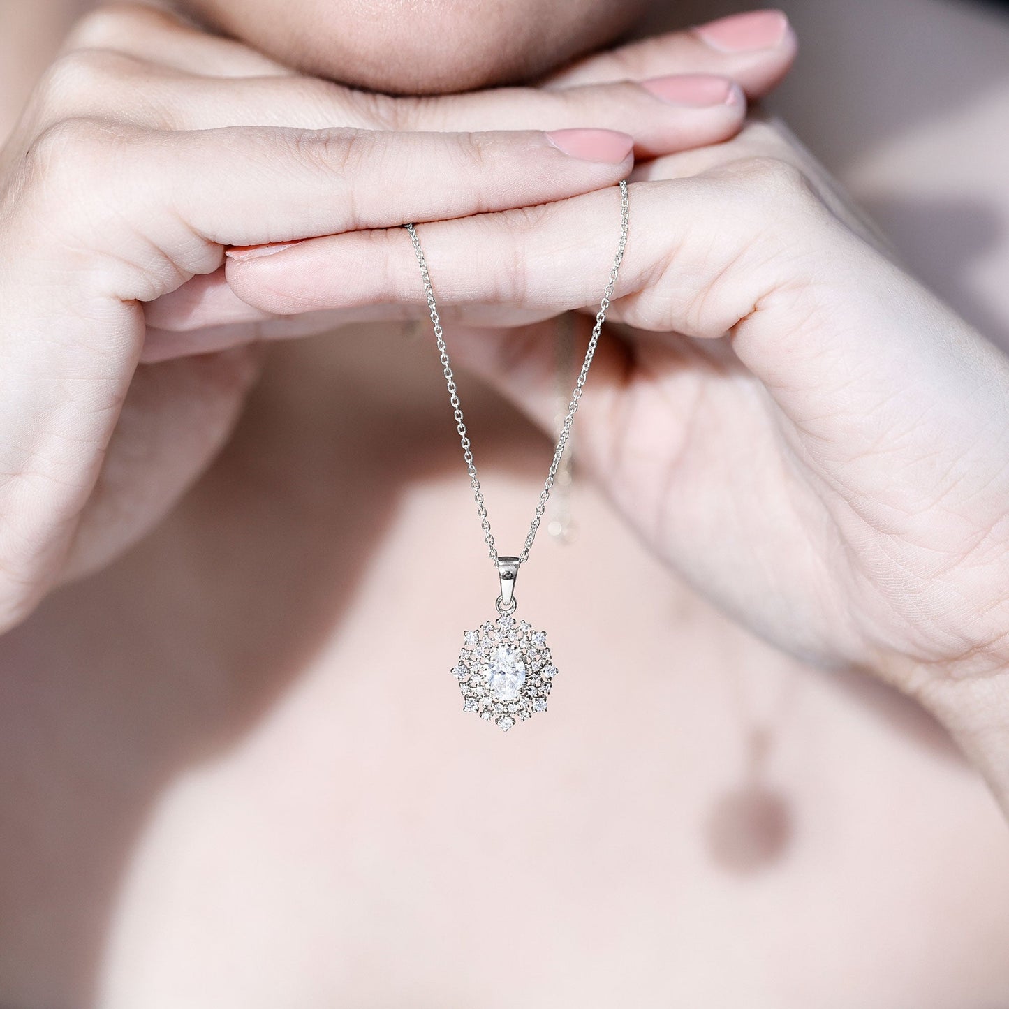 0.7 Carat Oval Lab Diamond Double Halo Bridal Pendant