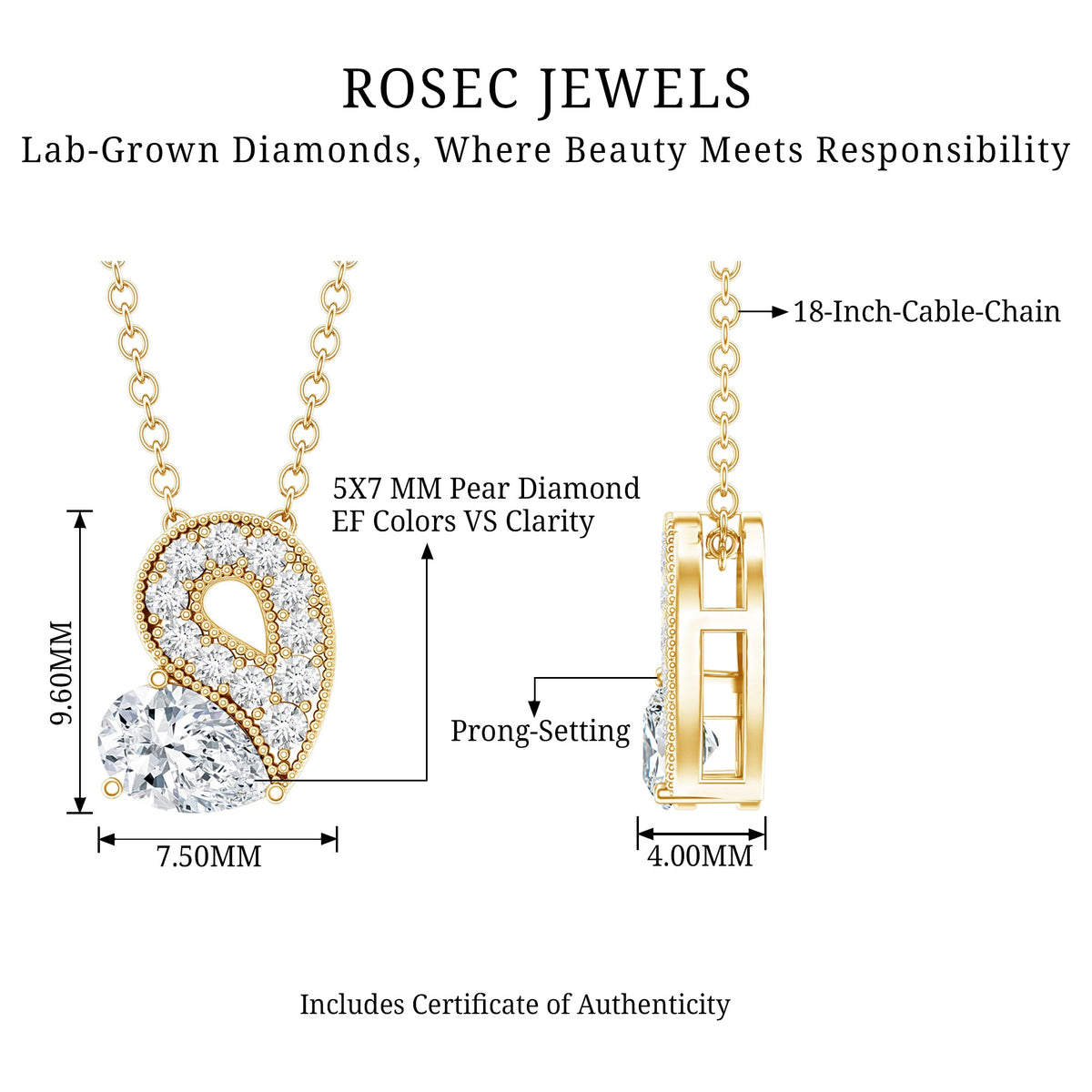 Lab Grown Diamond Pendant Necklace with Beaded Details