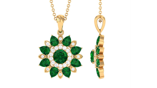 Lab Created Emerald and Diamond Flower Necklace