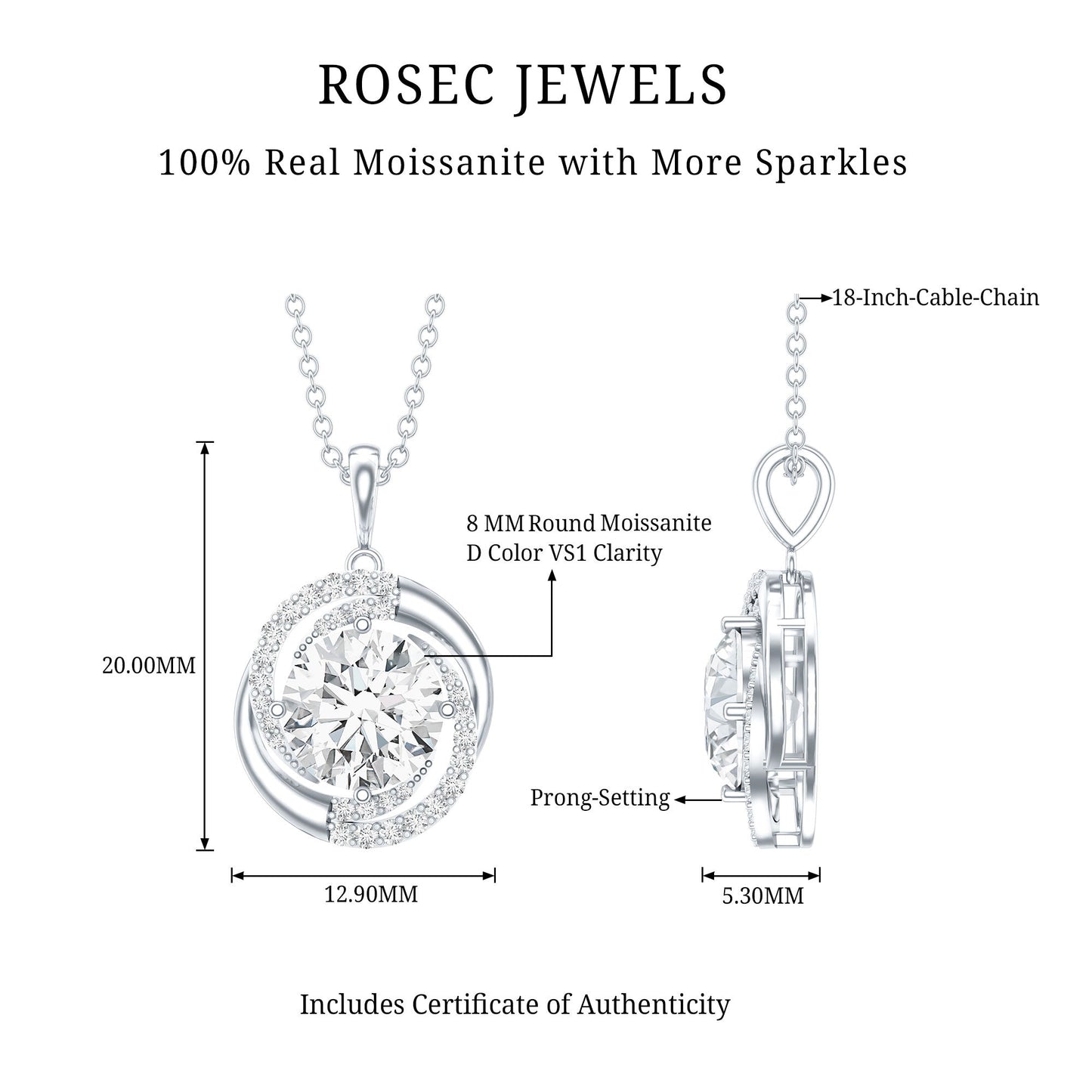 Certified 2 Ct Moissanite Swirl Necklace with Silver Chain