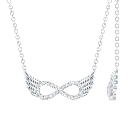 Sterling Silver Pave Set Moissanite Infinity Necklace with Wings