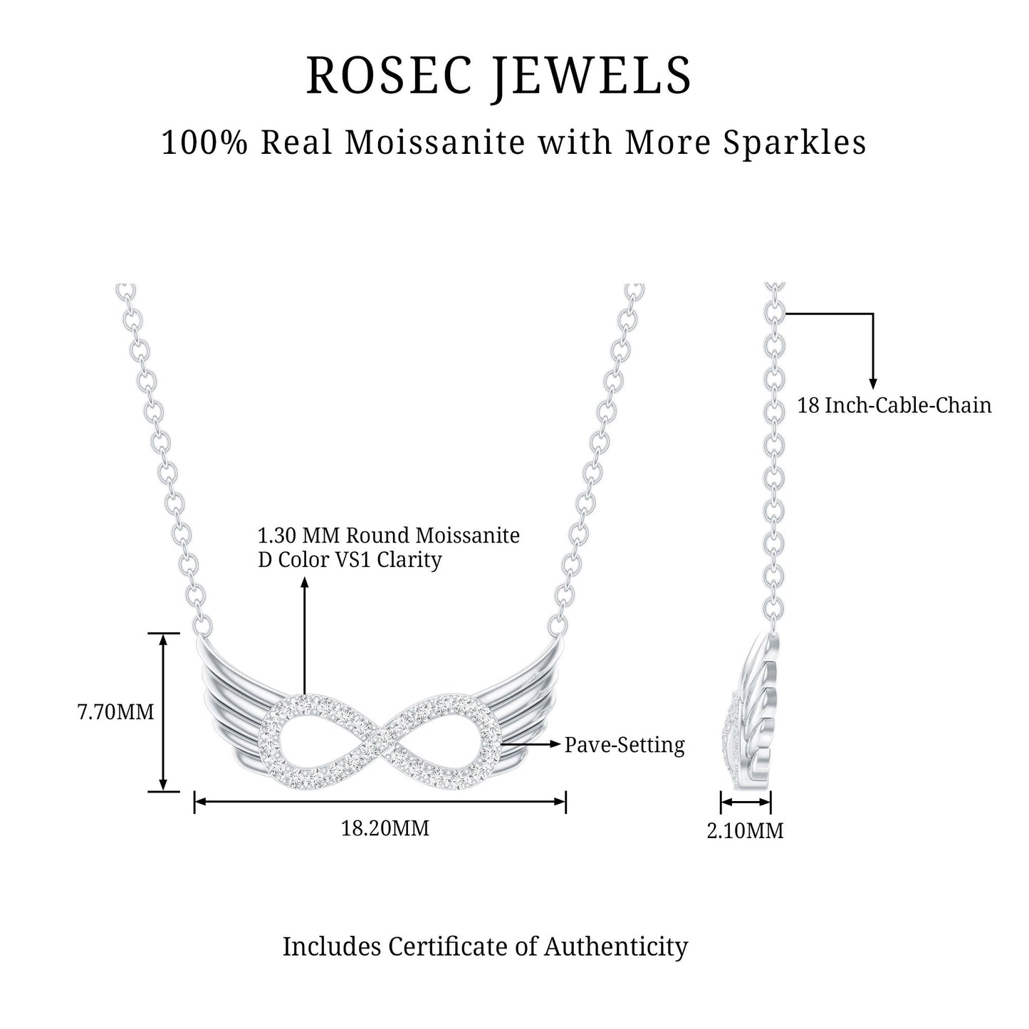 Sterling Silver Pave Set Moissanite Infinity Necklace with Wings