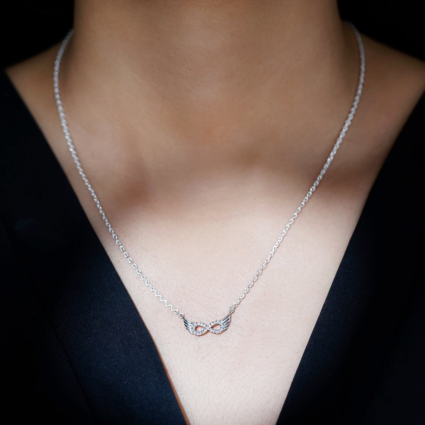 Sterling Silver Pave Set Moissanite Infinity Necklace with Wings