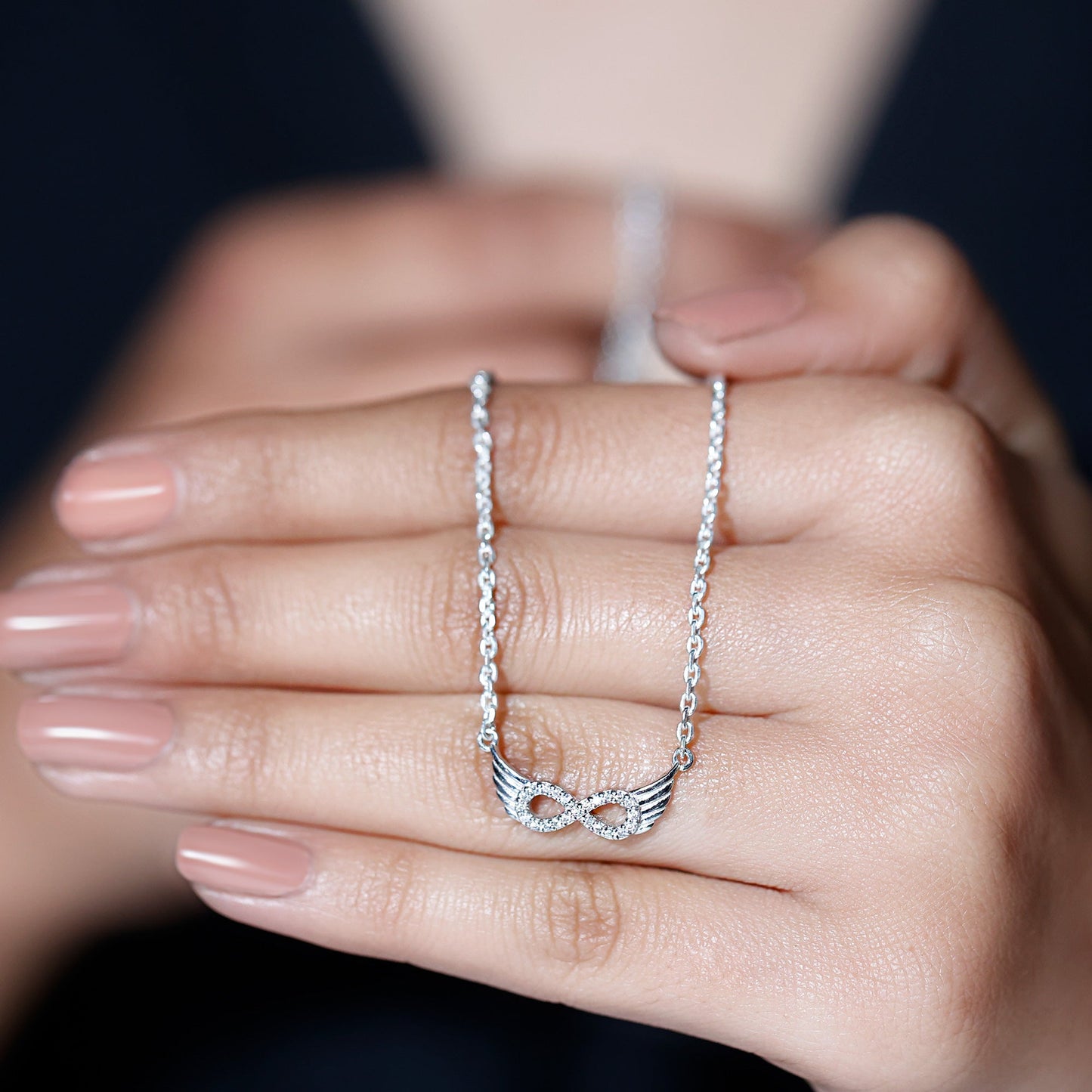 Sterling Silver Pave Set Moissanite Infinity Necklace with Wings