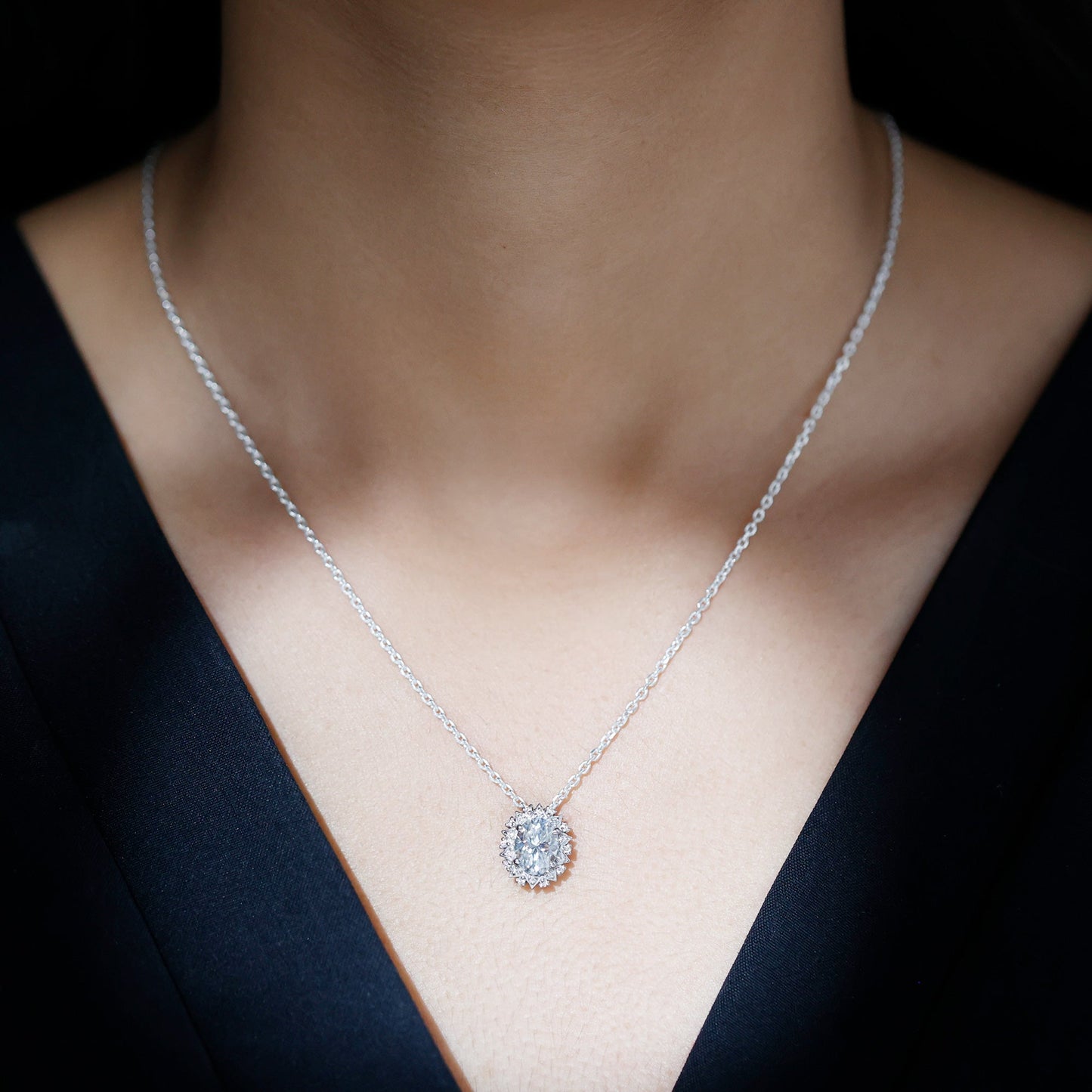 2 Carat Oval Moissanite Cocktail Necklace in 14K White Gold Plated Silver