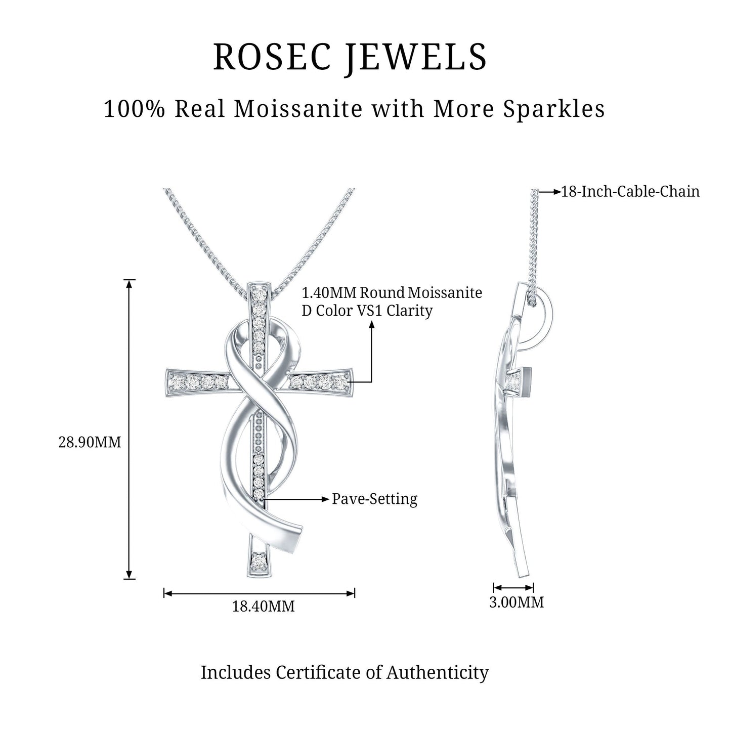 Pave Set Moissanite Cross Infinity Necklace with Silver Chain