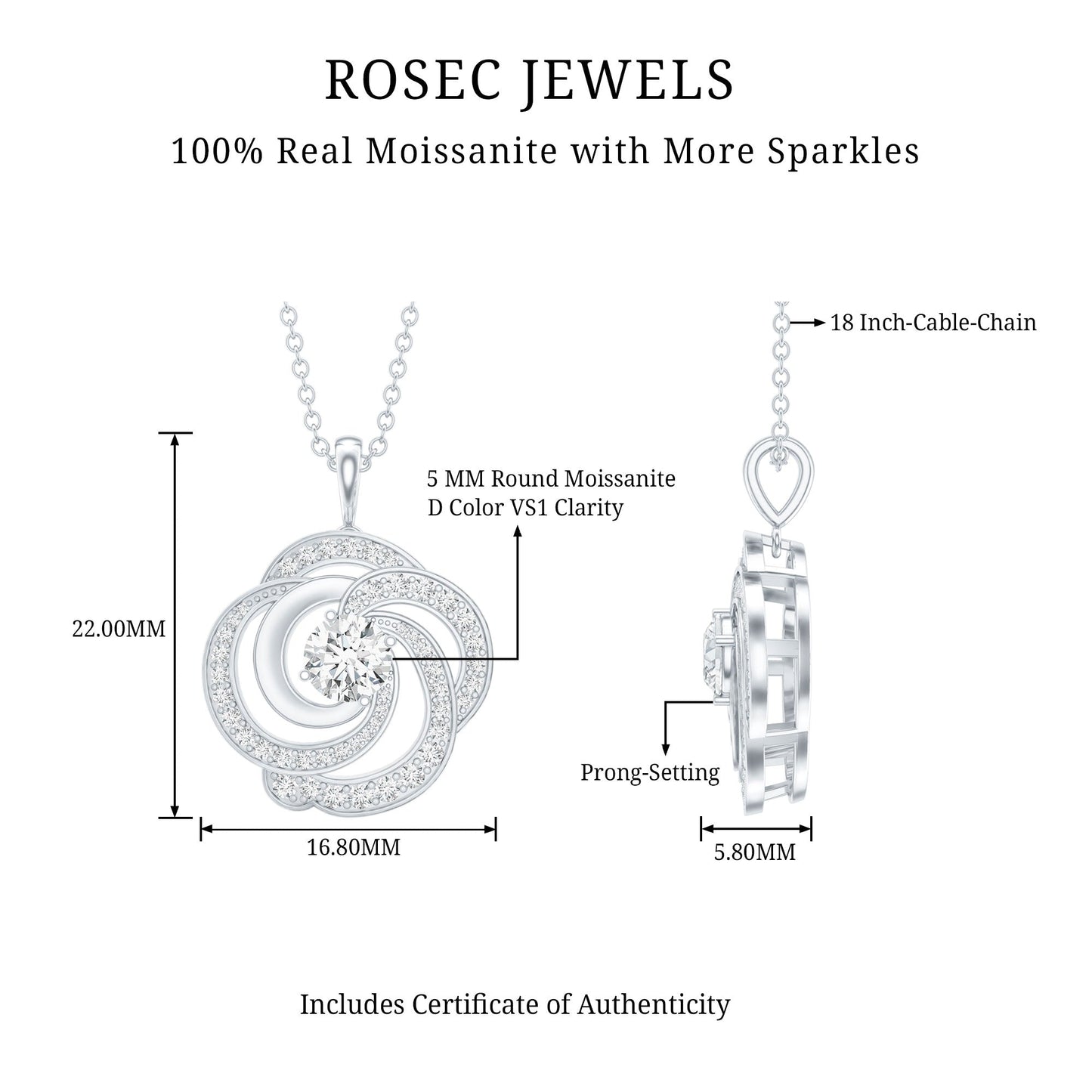 Moissanite Floral Pendant Necklace with Silver Chain