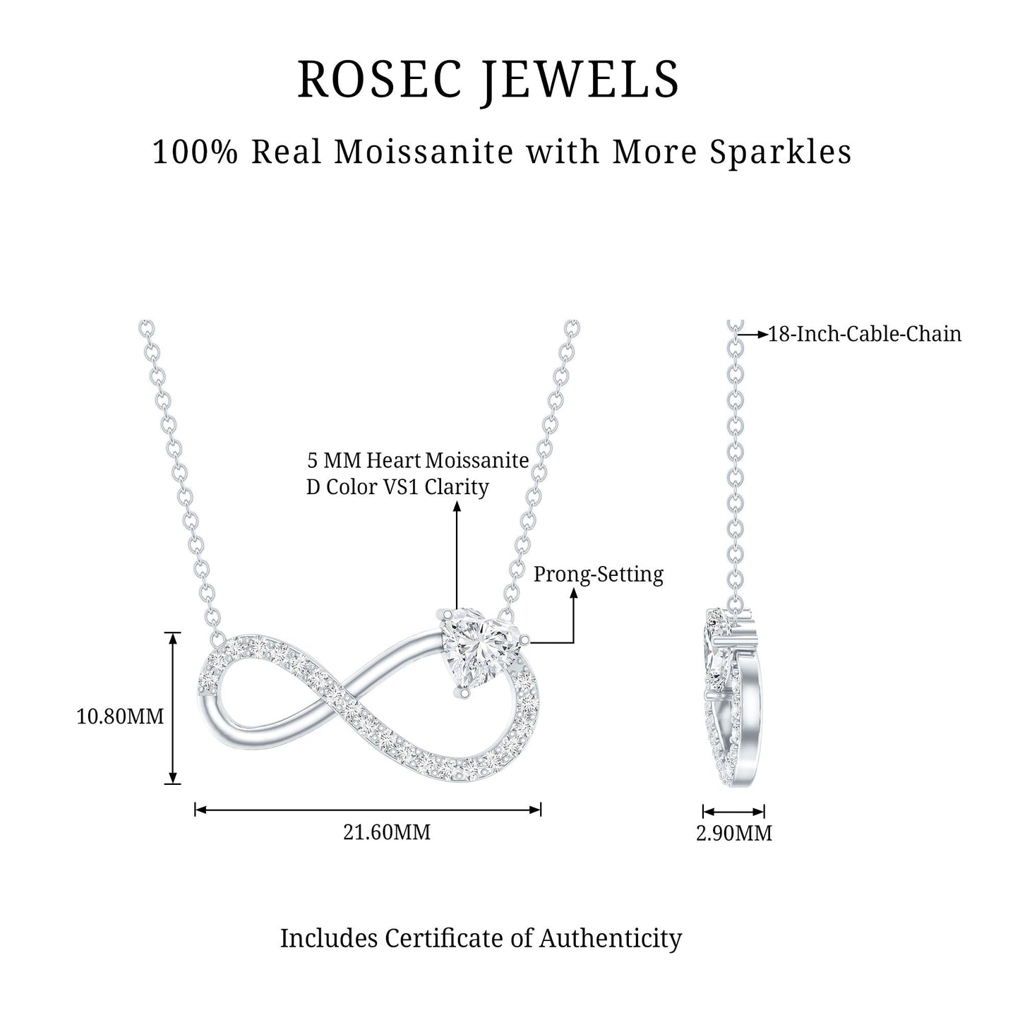 Certified Moissanite Heart Infinity Necklace in Silver