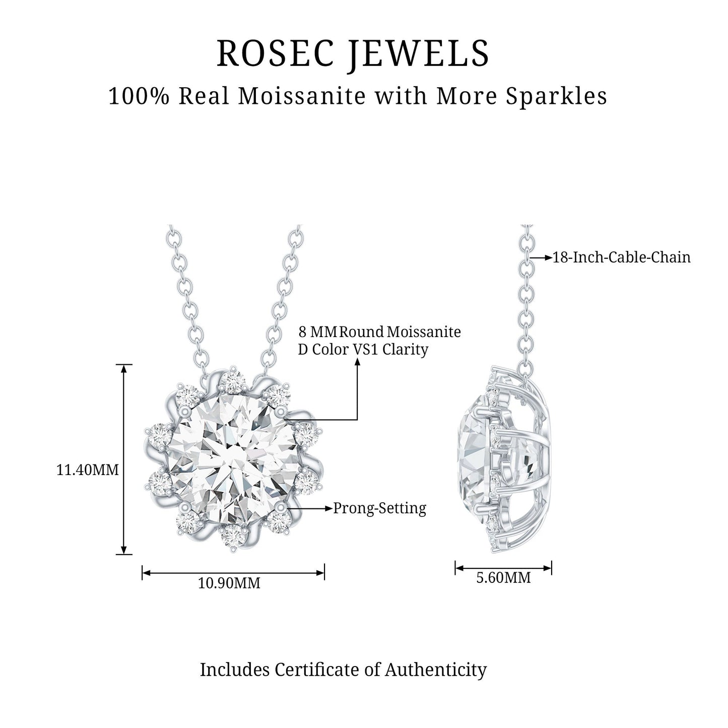 Certified 2 Carat Round Moissanite Sunburst Necklace With Silver Chain