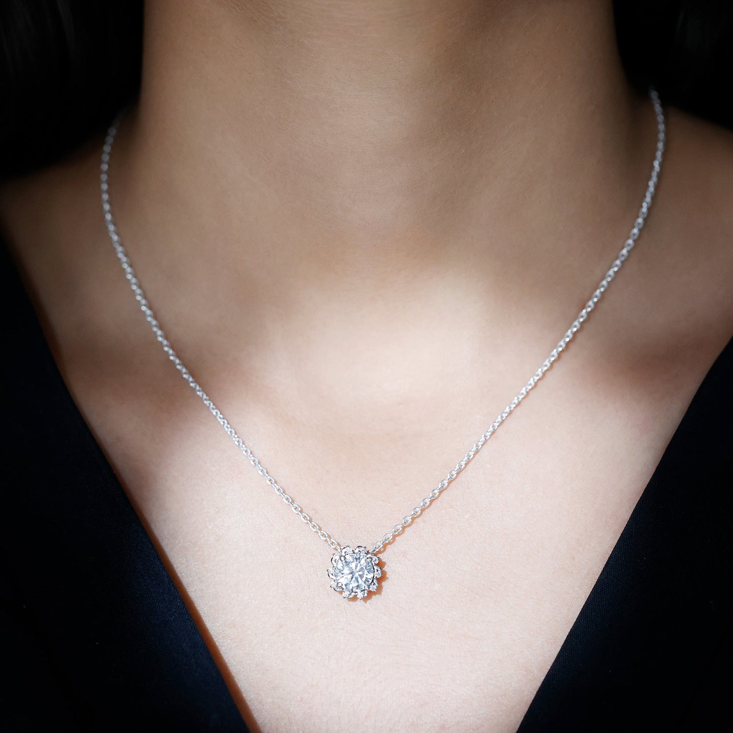 Certified 2 Carat Round Moissanite Sunburst Necklace With Silver Chain