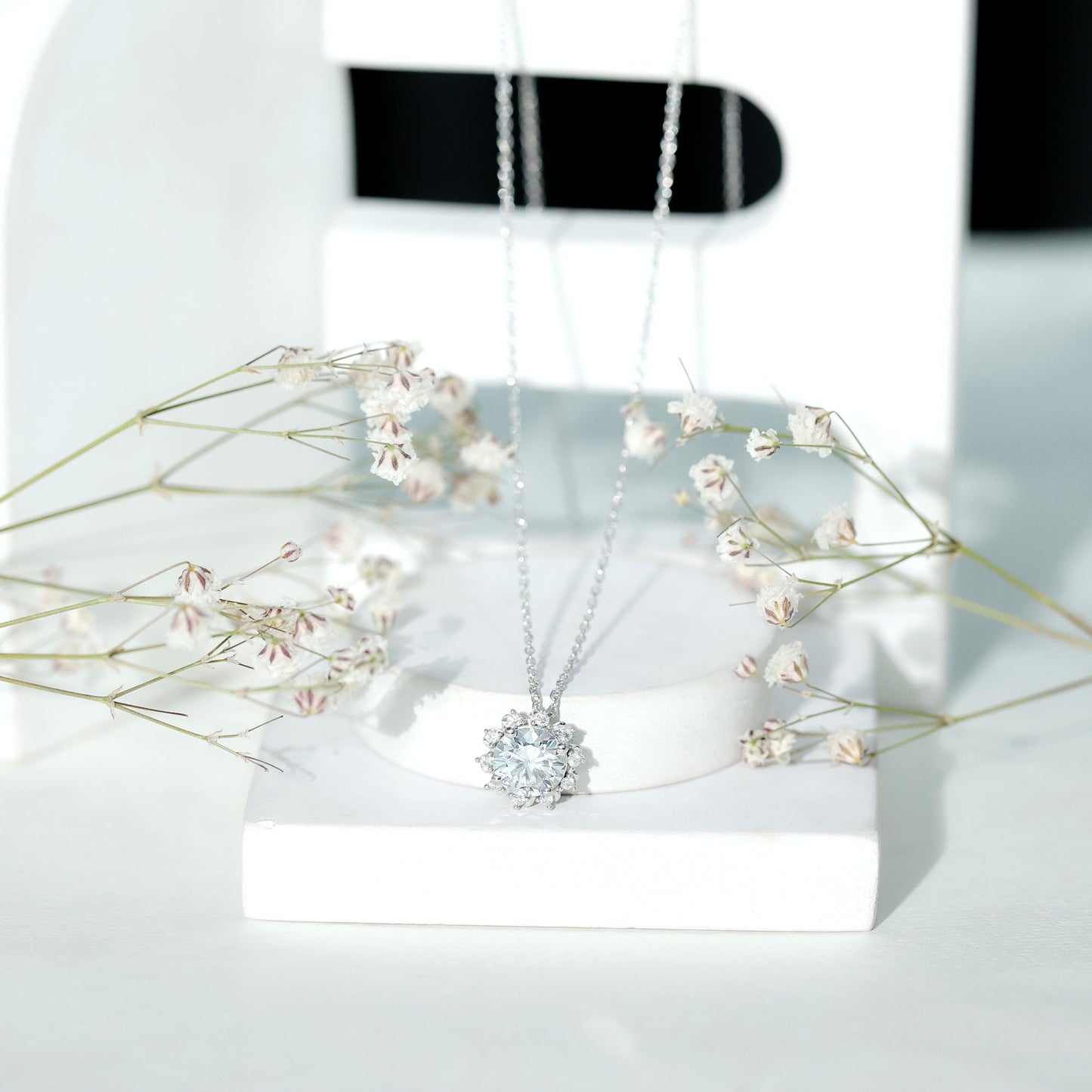 Certified 2 Carat Round Moissanite Sunburst Necklace With Silver Chain