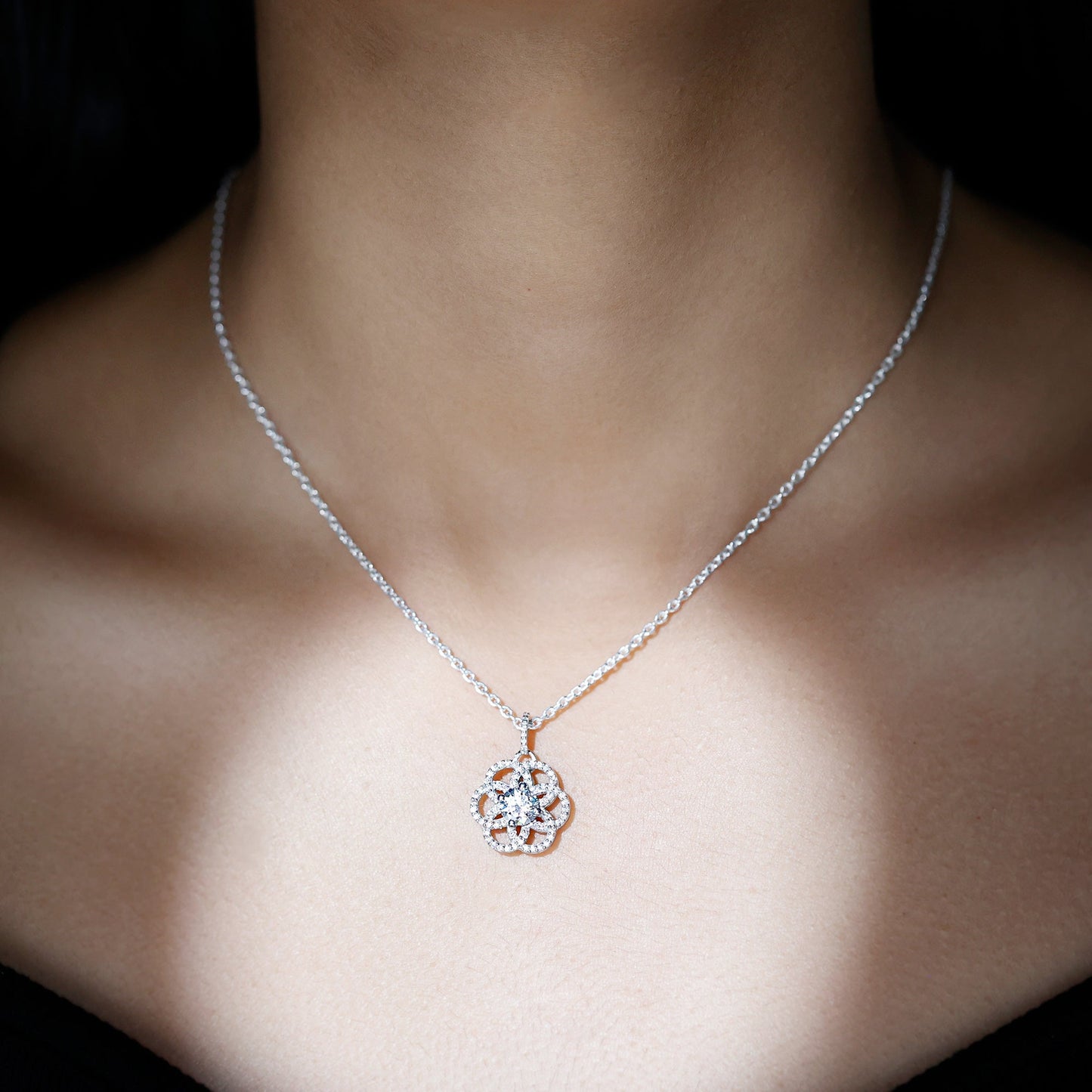 Certified Moissanite Flower Necklace with Silver Chain