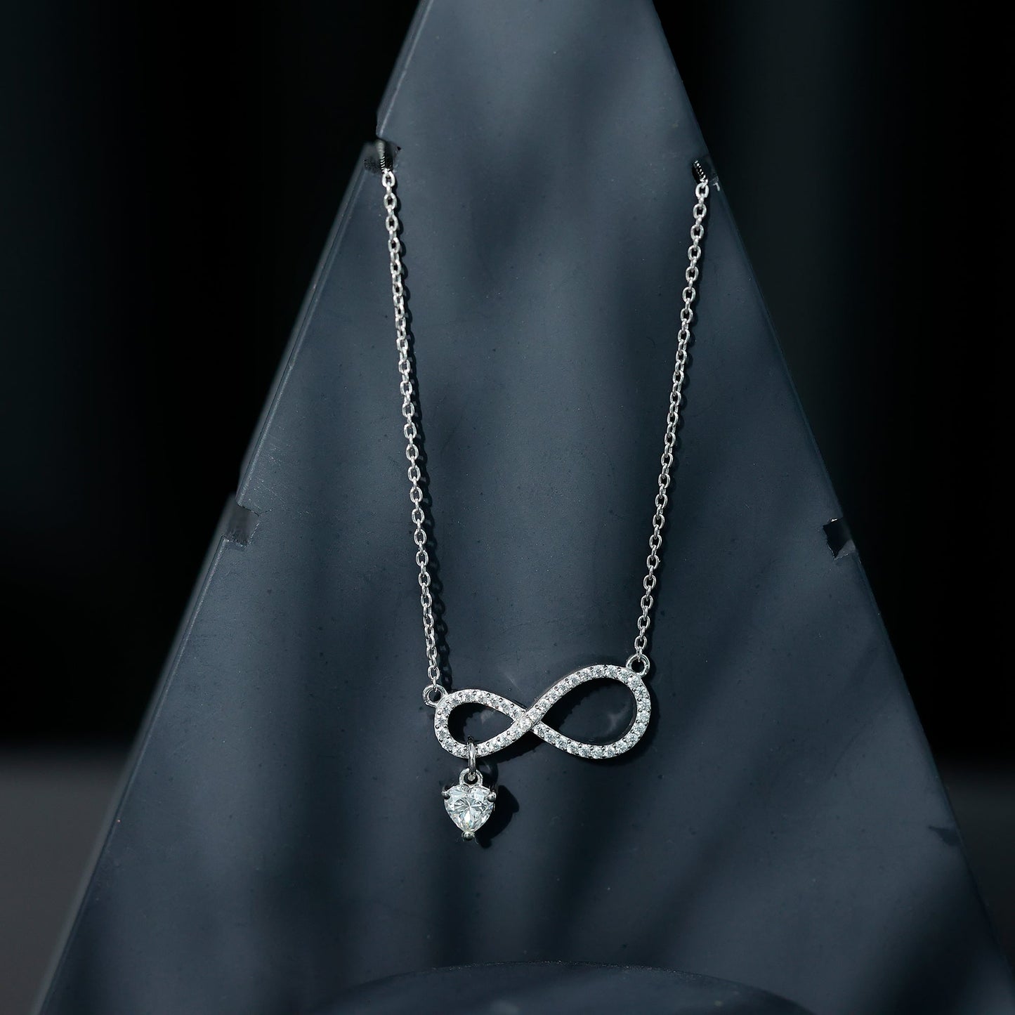 Sterling Silver Moissanite Infinity Necklace with Heart Charm