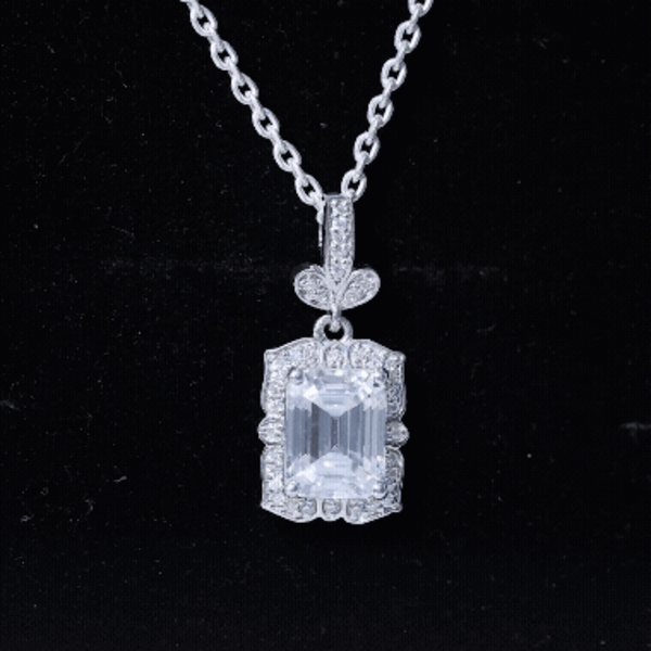2.8 Carat Vintage Inspired Moissanite Emerald Cut Necklace With Silver Chain