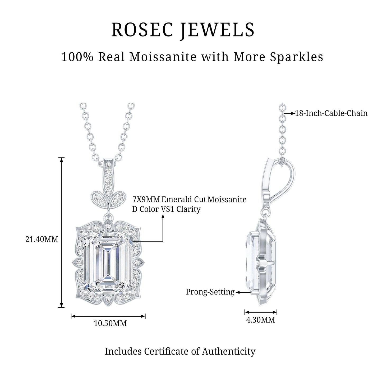 2.8 Carat Vintage Inspired Moissanite Emerald Cut Necklace With Silver Chain