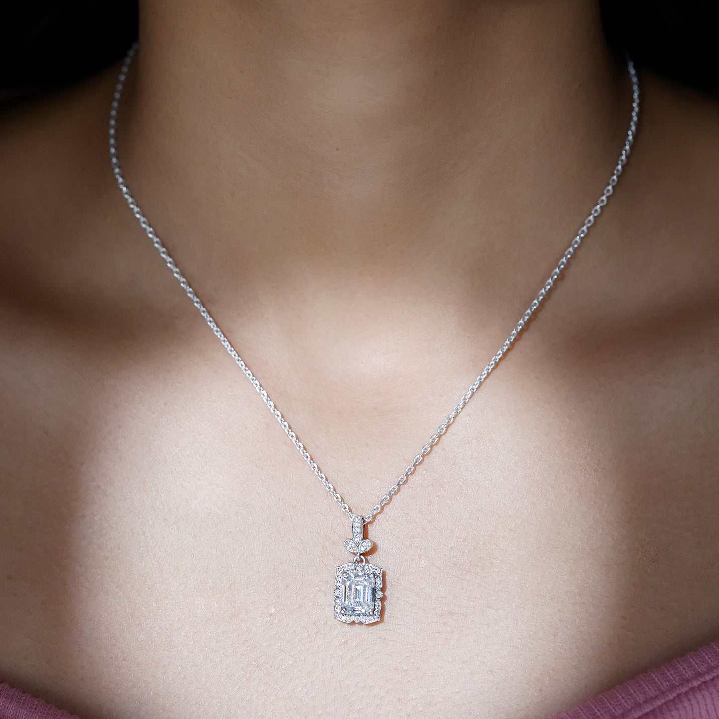 2.8 Carat Vintage Inspired Moissanite Emerald Cut Necklace With Silver Chain