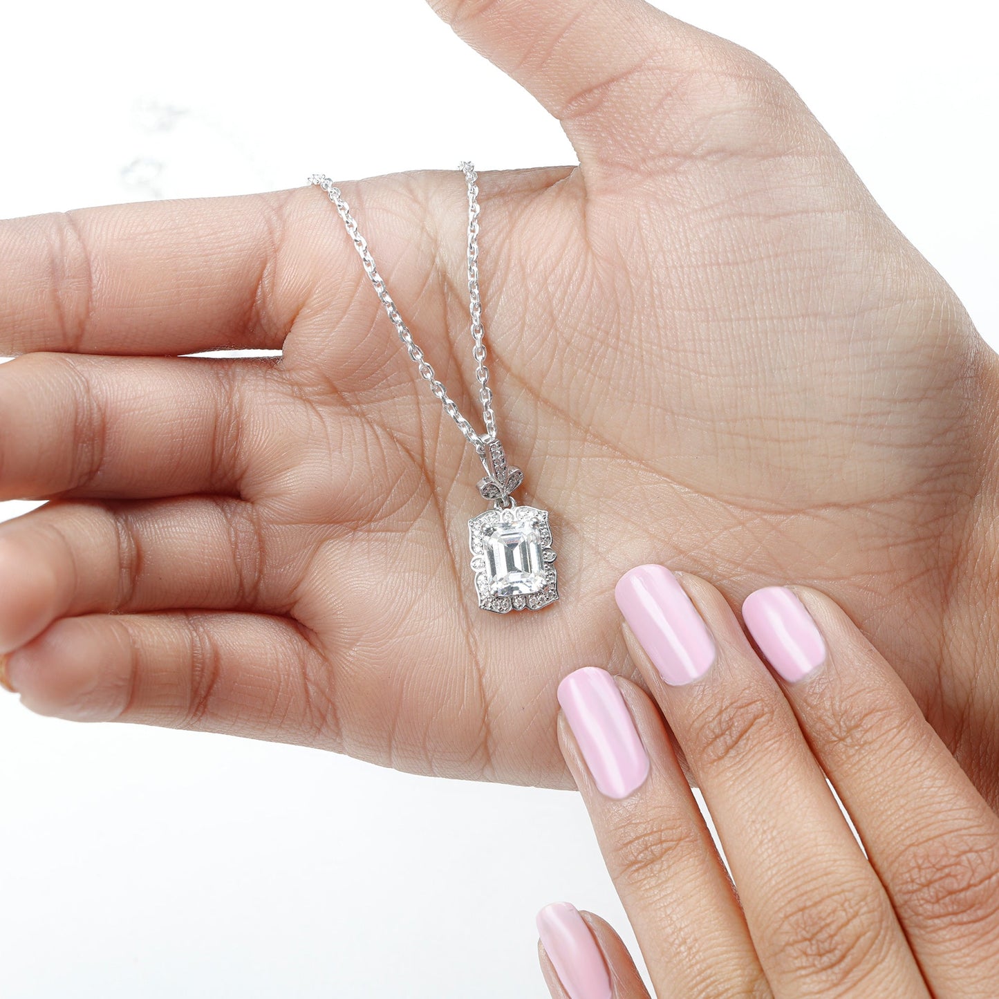 2.8 Carat Vintage Inspired Moissanite Emerald Cut Necklace With Silver Chain