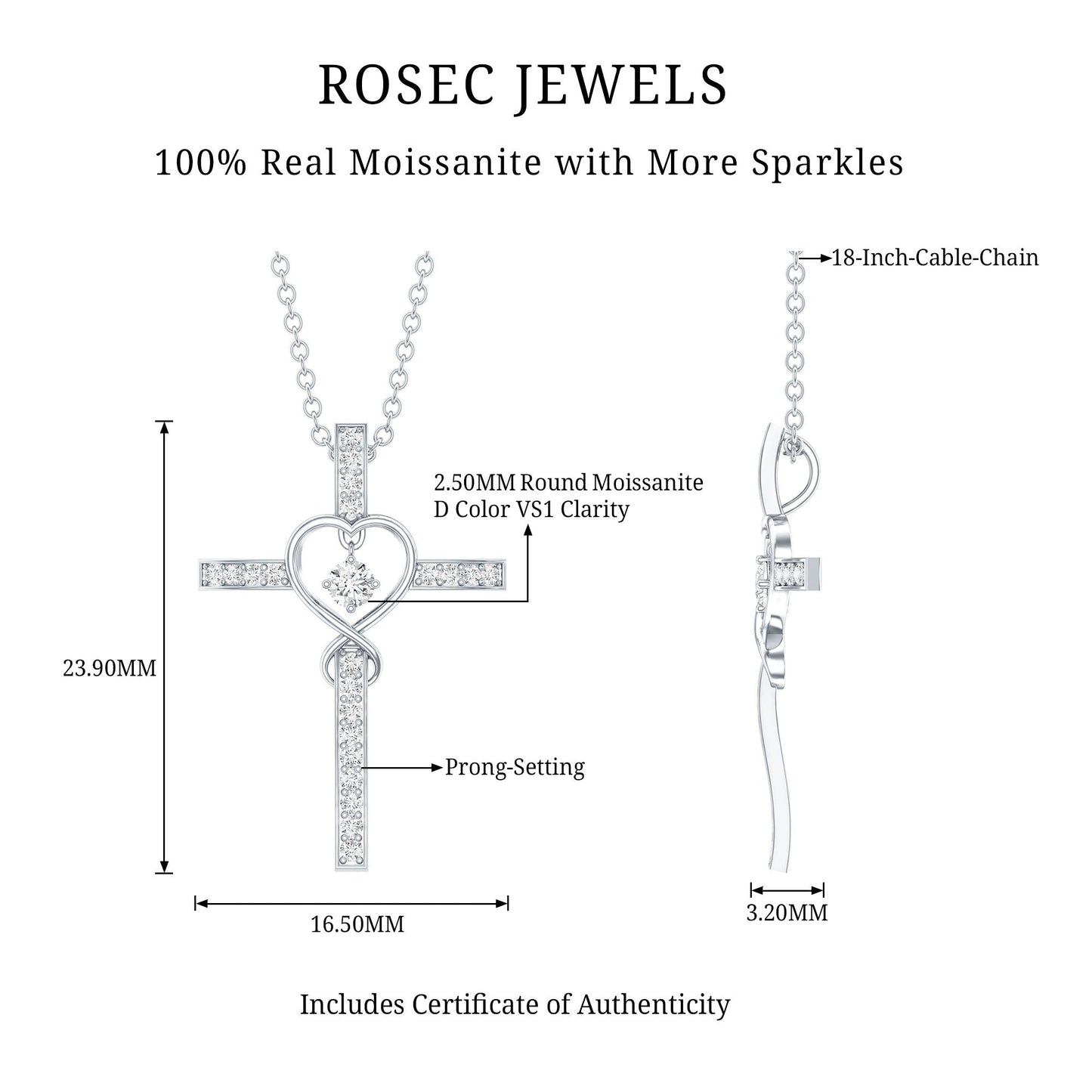 Certified Moissanite Catholic Cross Heart Necklace