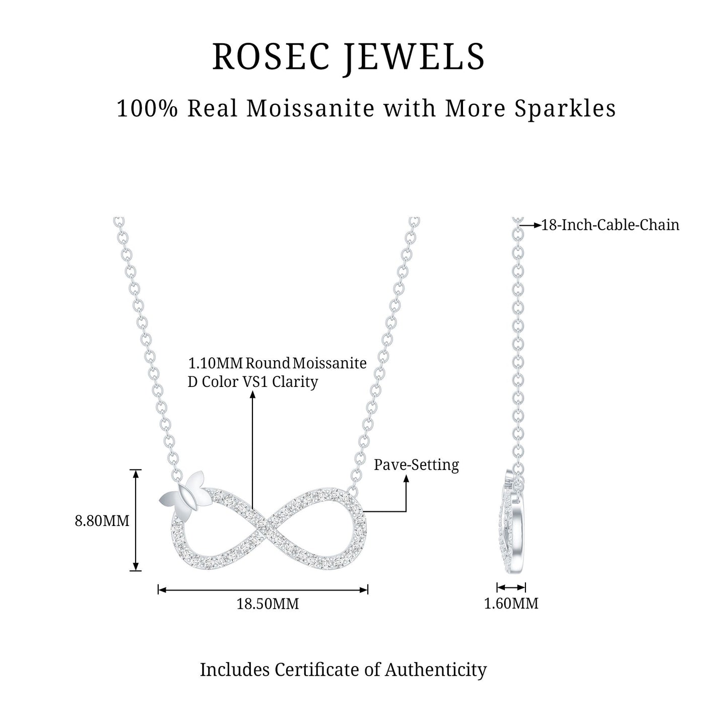 Certified Pave Set Moissanite Infinity Necklace with Butterfly