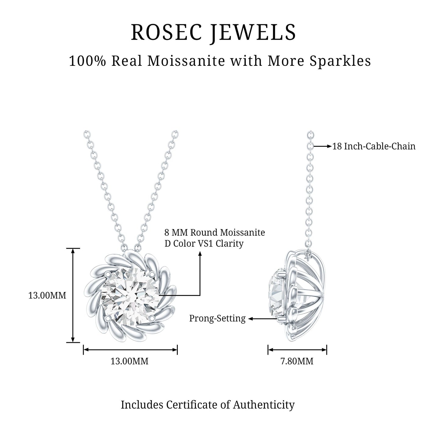 Certified 2 Carat Moissanite Solitaire Necklace with Silver Chain