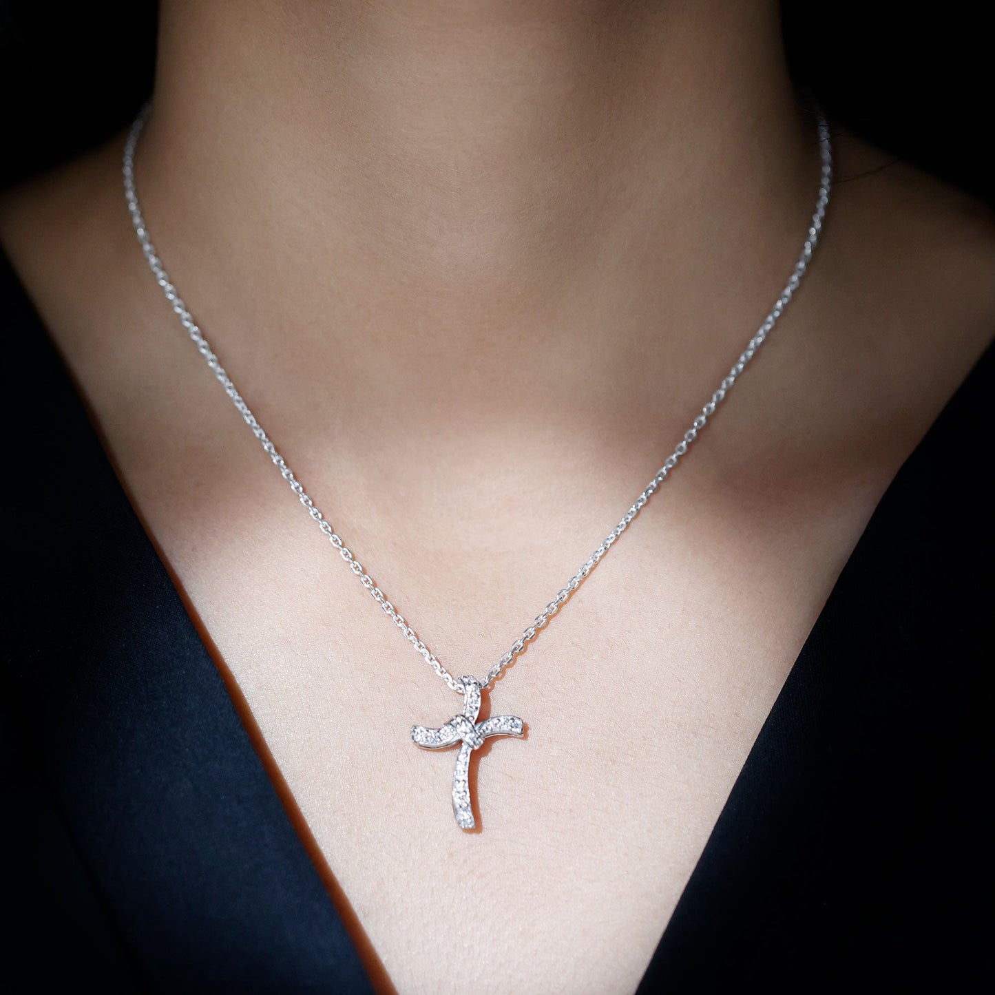 Certified Moissanite Unique Cross Necklace in Sterling Silver