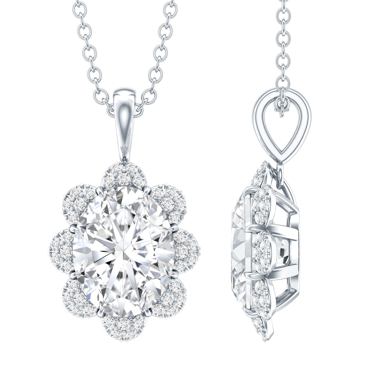 2 Carat Flower Inspired Moissanite Oval Necklace with Silver Chain