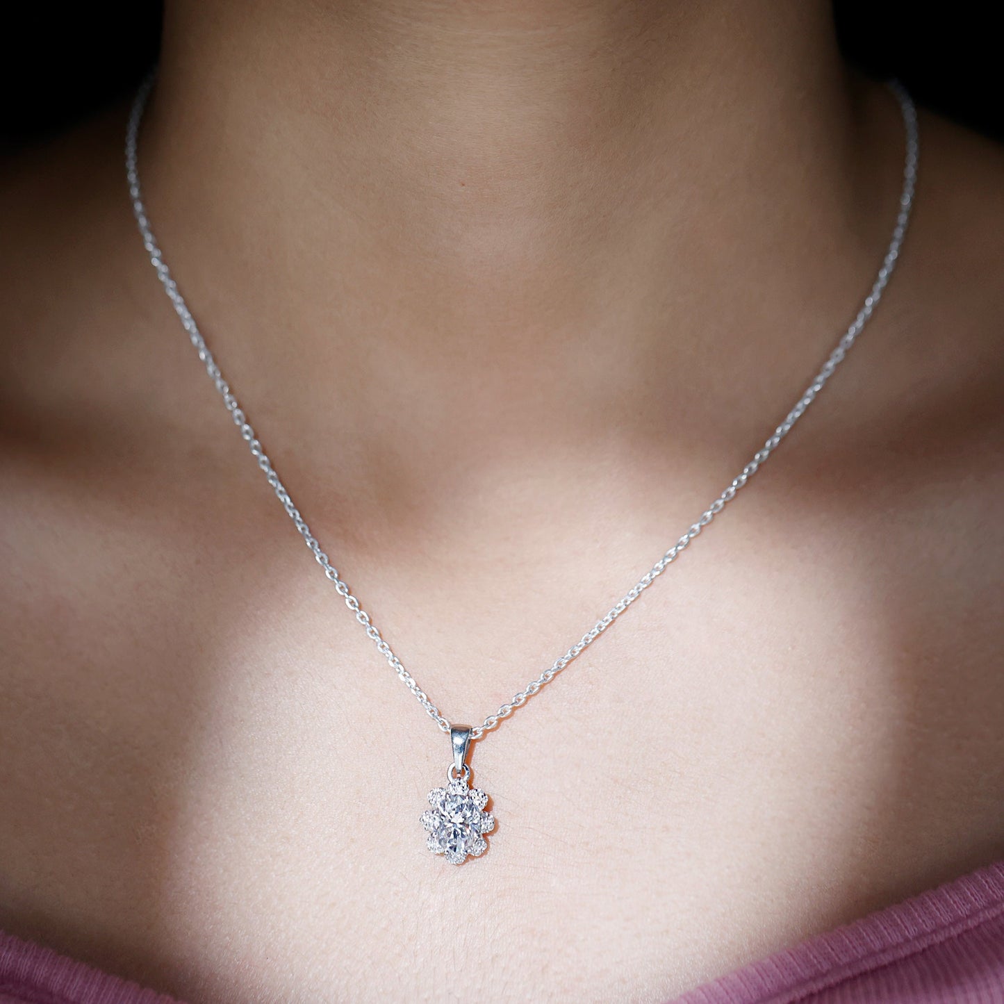 2 Carat Flower Inspired Moissanite Oval Necklace with Silver Chain