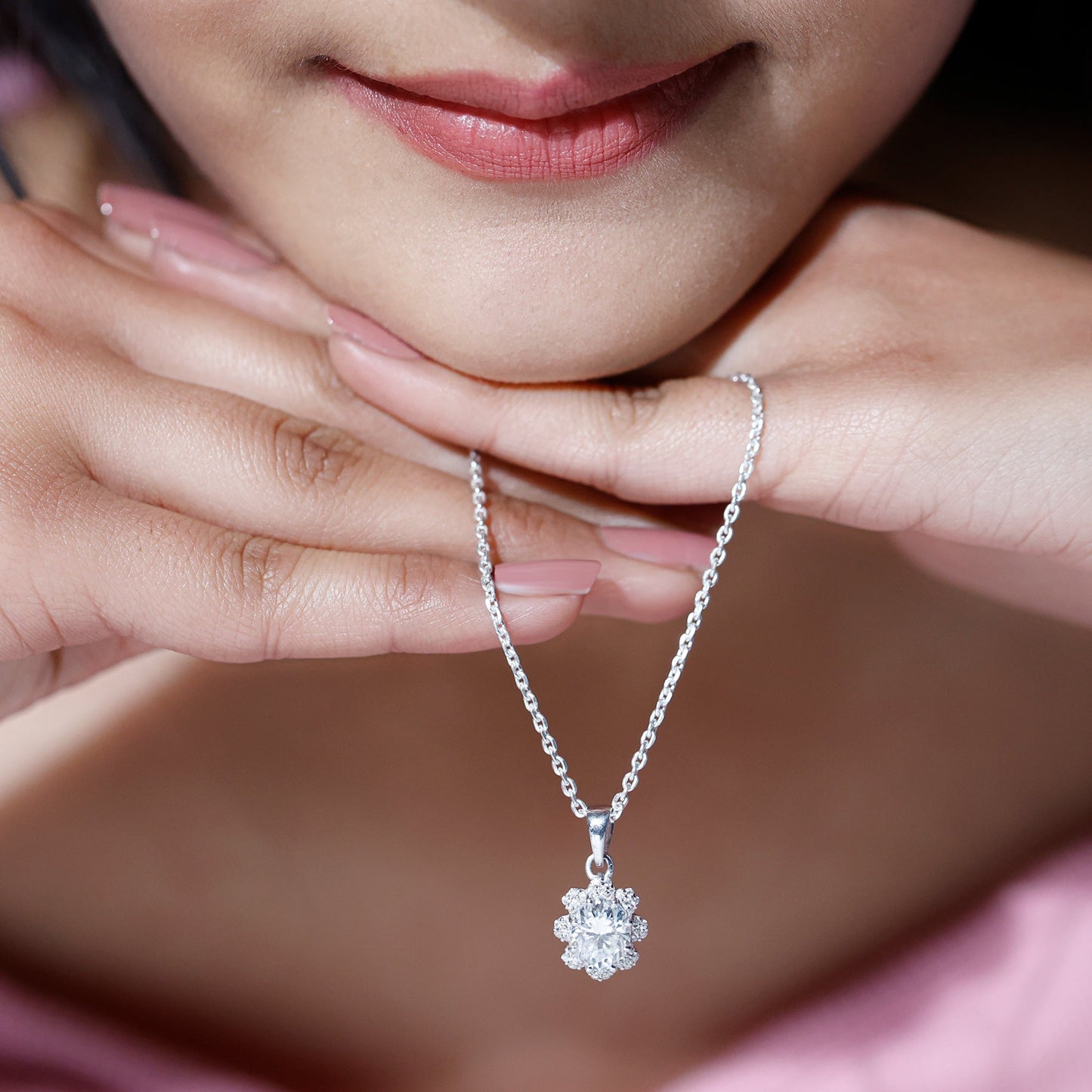 2 Carat Flower Inspired Moissanite Oval Necklace with Silver Chain