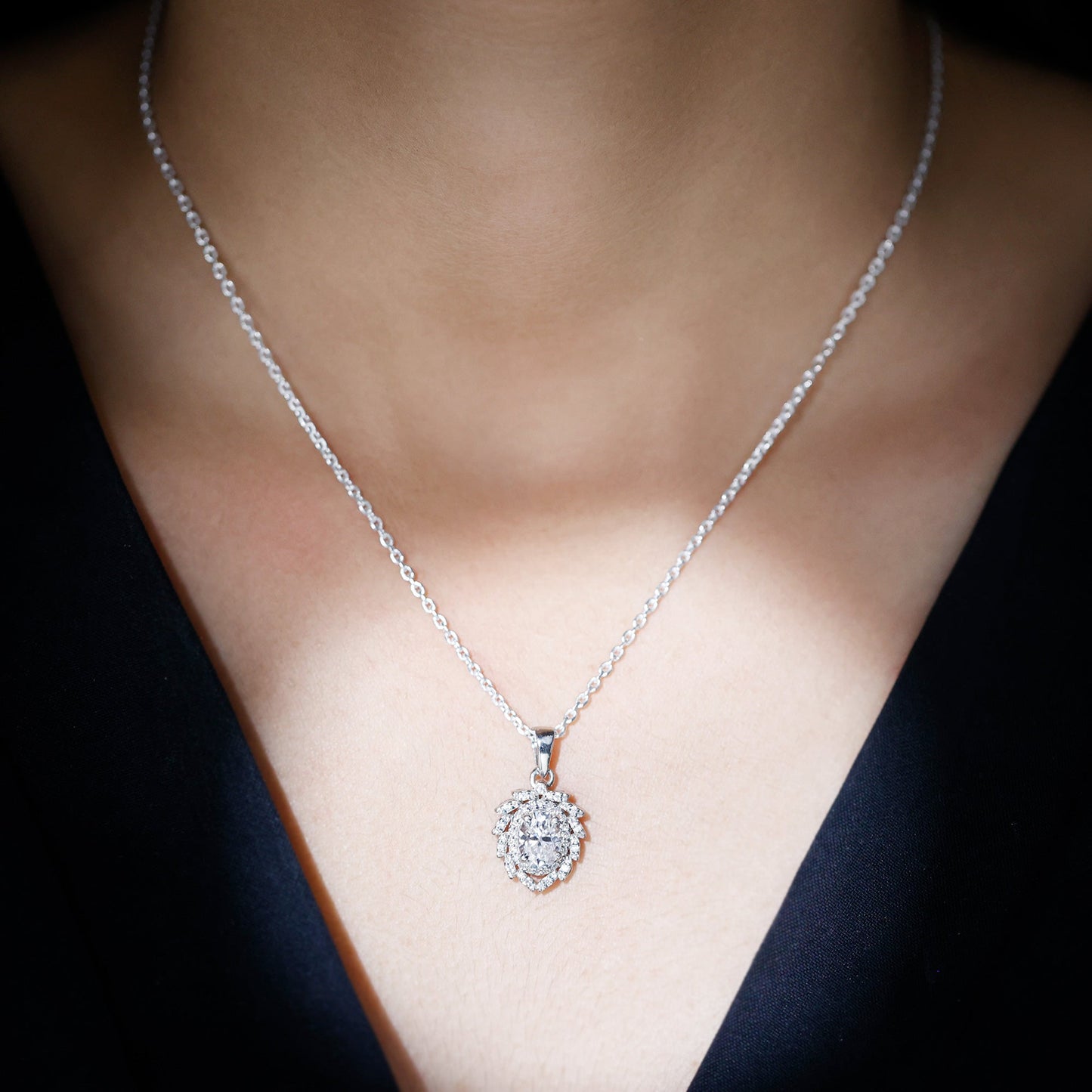 1.29 Carat Oval Shaped Moissanite Wedding Necklace With Silver Chain