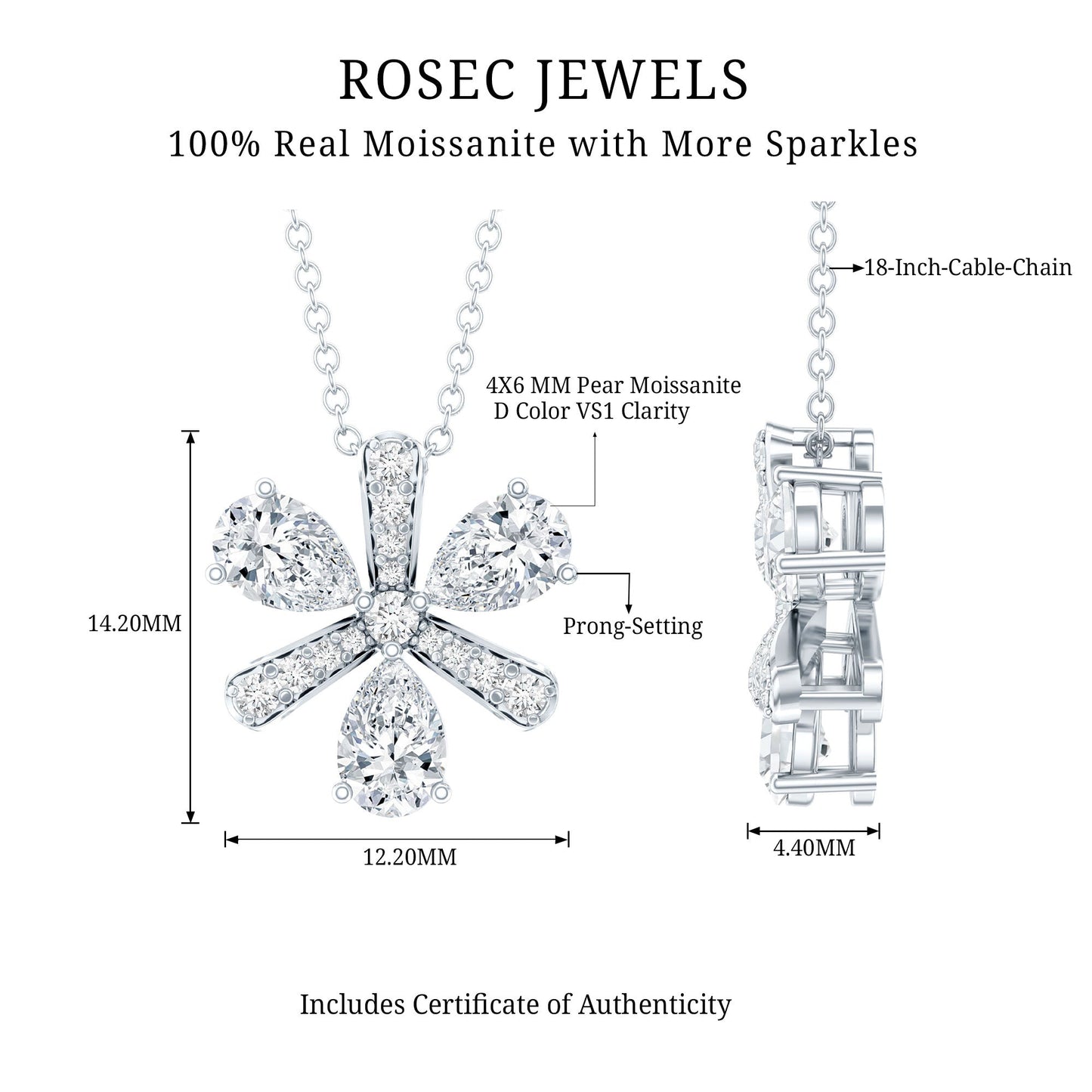 Certified Moissanite Flower Pendant Necklace with Silver Chain