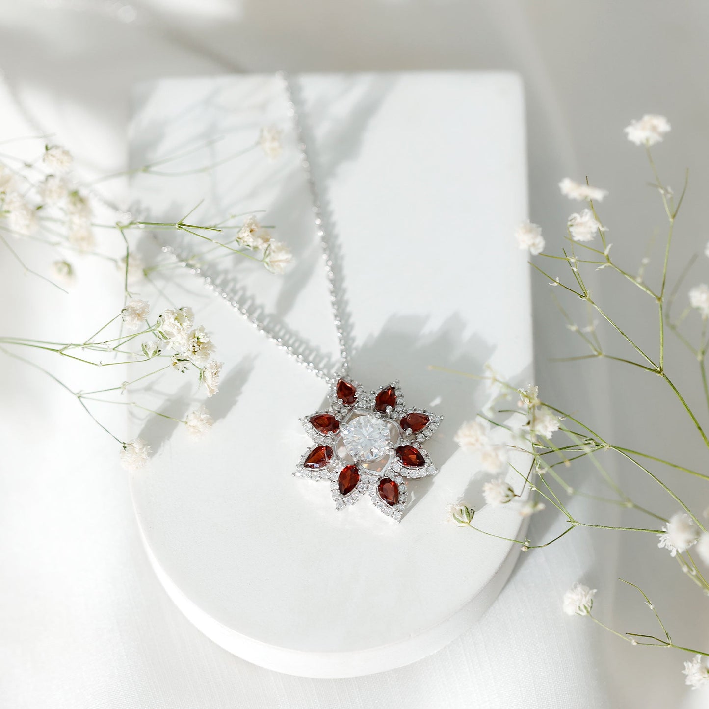 Certified Moissanite and Garnet Flower Pendant