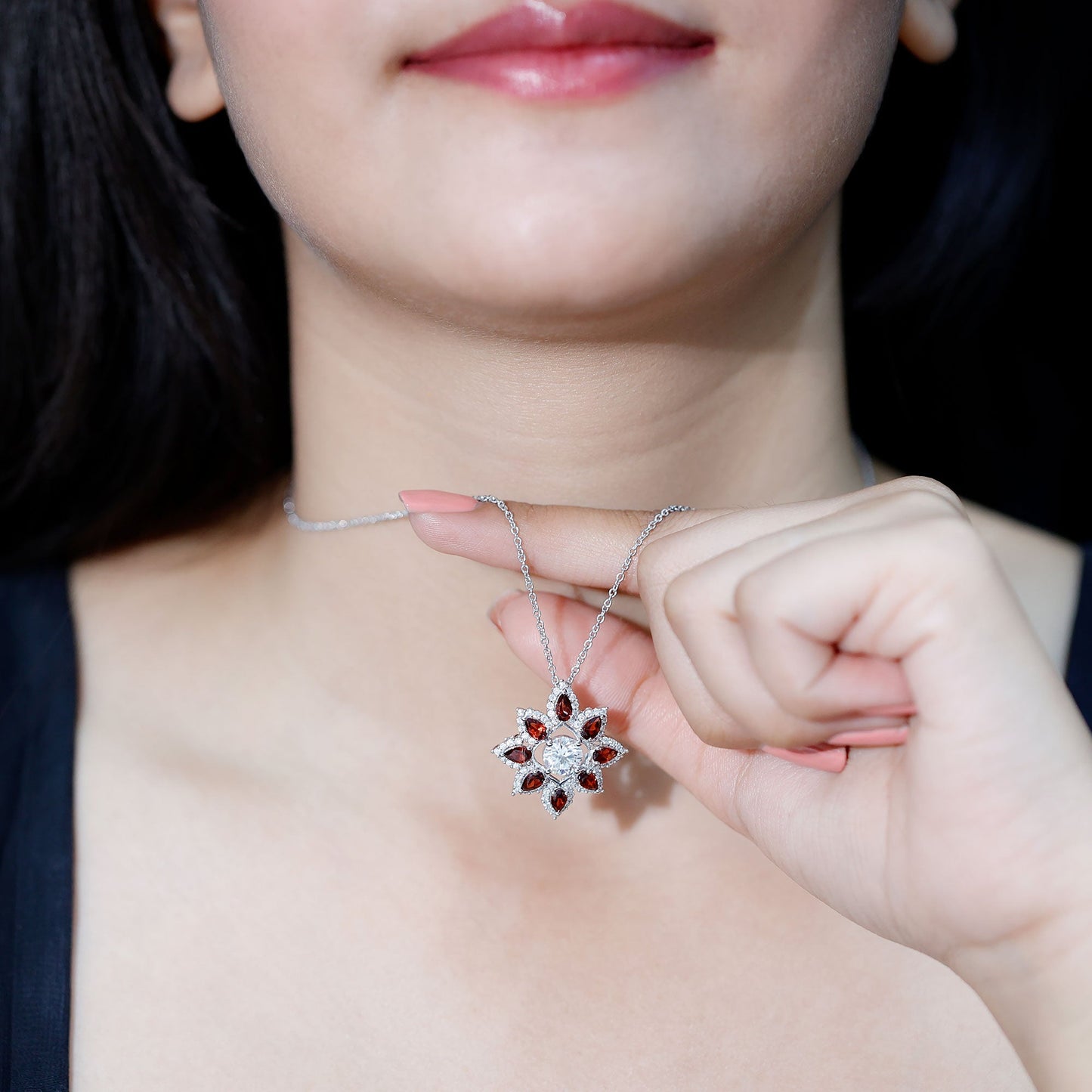 Certified Moissanite and Garnet Flower Pendant