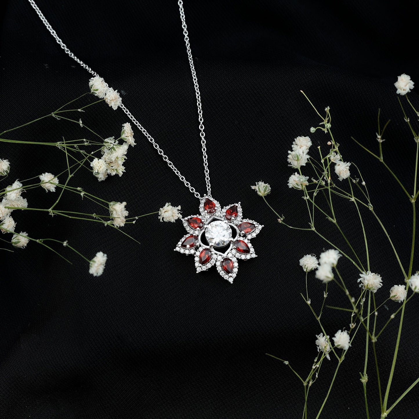 Certified 1.36 Carat Moissanite Statement Flower Necklace with Garnet