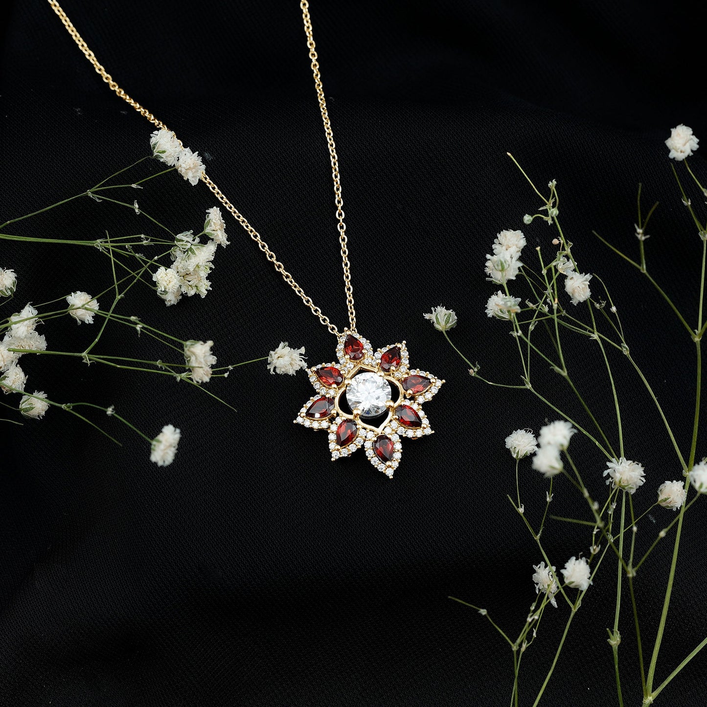 Certified Moissanite and Garnet Flower Pendant