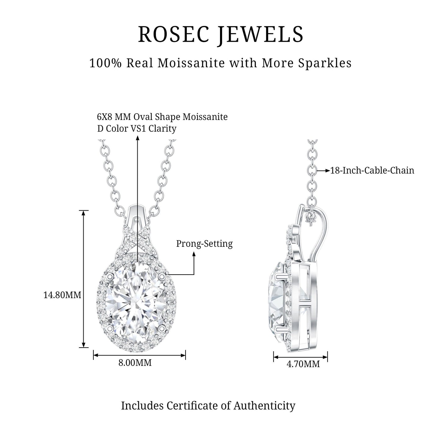 1 Carat Certified Moissanite Oval Pendant with Halo
